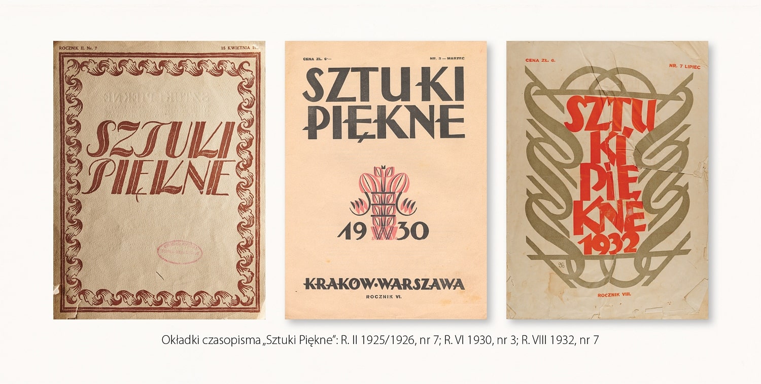 Karty tytułowe trzech numerów czasopisma „Sztuki Piękne” z lat: 1925/1926, 1930, 1932 o geometryczno-roślinnych rozwiązaniach typograficznych
